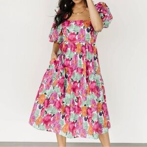 Baltic Born Aimee Floral Puff Sleeve Midi Dress Size Small Cottagecore Pink